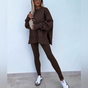 Women's Solid Drop Shoulder Split Hem Sweatshirt & Pants Two-piece Set